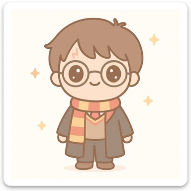 full body cute Harry Potter with big eyes, traditional Gryffindor uniform, standing, friendly expression, inspired by provided references sticker