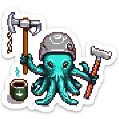 A tired worker wearing a helmet, depicted as an octopus with multiple tentacles holding various tools and items, including a hammer, a checklist with tasks, a wrench, a saw, and a coffee cup sticker