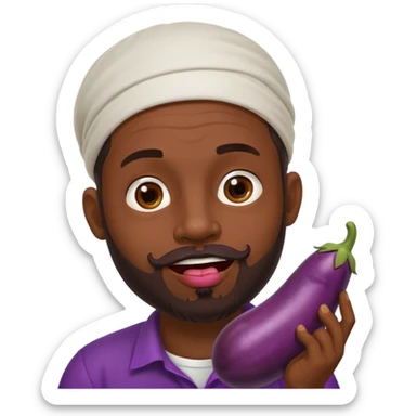 Dominican man with a beard is licking an eggplant sticker
