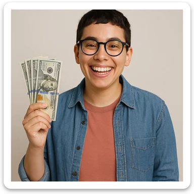 A cheerful, nerdy agender person, androgynous, with glasses and a big smile, holding money in one hand, casual outfit. sticker