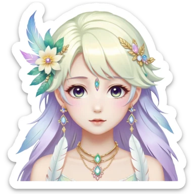 Beautiful gorgeous anime lady with beautiful iridescent-white-special-hair, fashion aesthetic, ethereal, fairycore, pastelcore, feather, flower, gems, accessories, jewelries, gold, colorful sticker
