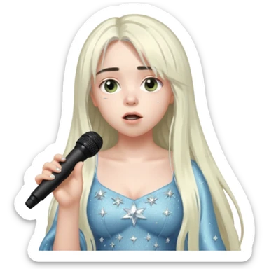 billie eilish is singing, holding mirco and twinkle dresss, white long hair, thin  sticker