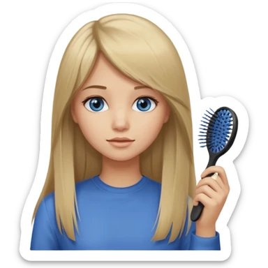 young woman with long straight dirty blonde hair, side bangs, and blue eyes. She is brushing her hair sticker
