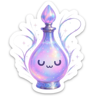 modernus prabangus eliksyro buteliukas, lašo forma su 'UwU' veiduku, pastelinė spalva, holografiniai ir sidabriniai ornamentai, stiprūs magiški švytėjimai ir efektai, labai mažas kaklelis, skaidrus fonas, vientisas dugnas, be šešėlio, plūduriuoja ore, kolekcijos stilius sticker