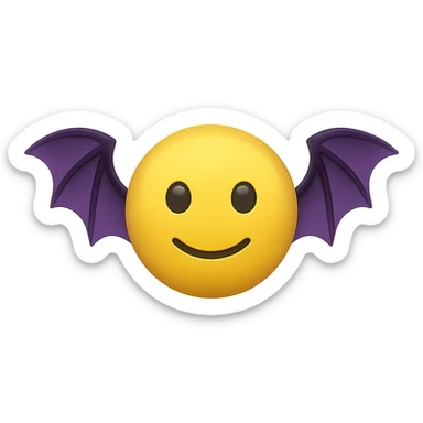 yellow face with purple bat wings, digital illustration, emoji style, no background sticker