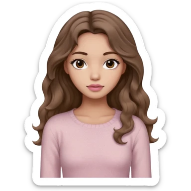 a woman with beige knit long sleeve top, her hair is long wavy brown hair, her face is soft girl style, her eyes color are black and the color of her lip is soft pink sticker