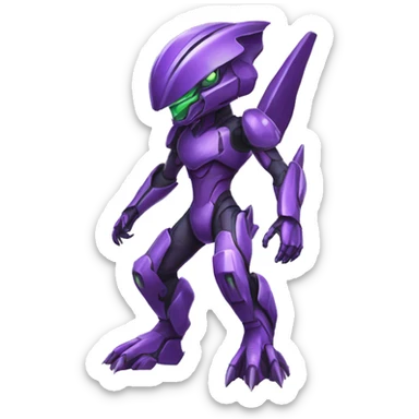 a purple-green Genesect-Raptor-Fakémon—hybrid with a futuristic visor-helmet full body sticker
