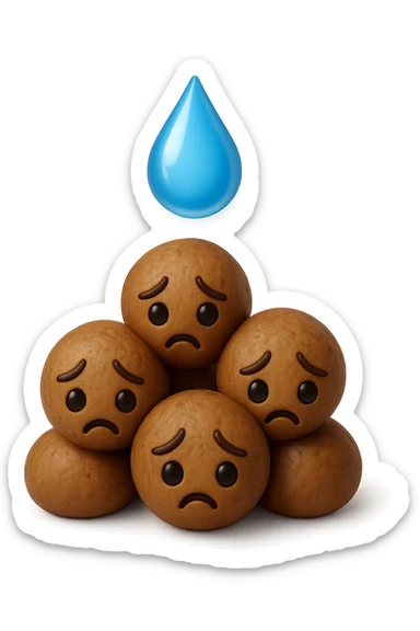 emoji stile iphone di una montagnetta di feci umane realistiche a palline tristi con sopra un simbolo delle gocce di acqua, iperrealistico 4k sticker
