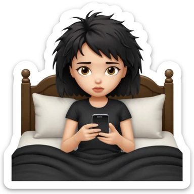 generate a pretty bratz girl with short black messy bed hair, looking tired and using her phone sticker