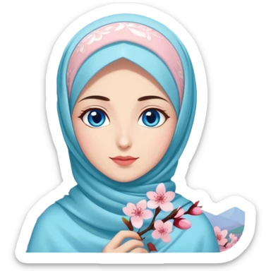 Turkish beautiful finish Konya girls blue eyes with lovely cherry blossom hijab long tail dress and blue sky background  sticker