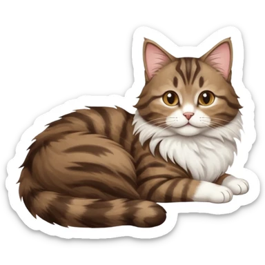 dark brown tabby and white cat with doing a big extremely long stretch reaching up into the air with arms and legs side by side together straight and overextended whilst lying on its side sticker