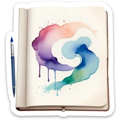 Cinematic Realistic image of an open sketchbook accompanied by a set of translucent watercolors, with delicate pigment stains and soft, flowing brushstrokes, captured under gentle, diffused lighting that highlights creative fluidity sticker
