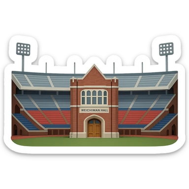 Change the angle of the emoji of Franklin Field at the University of Pennsylvania so that it is looking at the front of Weightman Hall with the huge stadium surrounding it. Use Weightman Hall as the detailed reference for the building facade. Maintain realistic, lifelike detail, accurate colors, bright lighting, and a transparent background. sticker