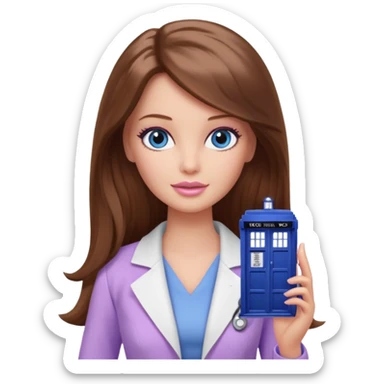 beautiful barbie girl with long brown hair, blue eyes and wearing light purple clothes watching doctor who sticker