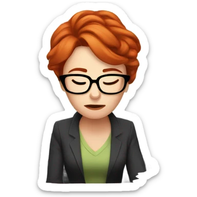 red hair woman wearing glasses sleeping frustrated desk monitor stack paper sticker