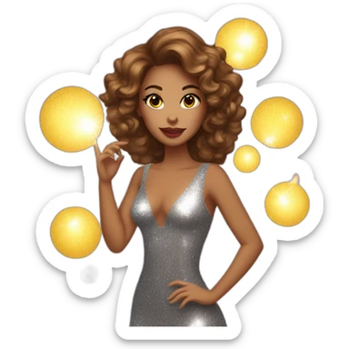 female with brown wavy hair dressed in a glitter dress and makeup, with disco ball sticker