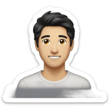 guy, black hair, medium length hair, in his 20s, very asian, smiling, t-shirt only, slight brown skin, dark brown eyes, slighty wavy hair sticker