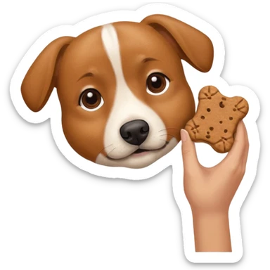 trainer hand holding a treat in front of a dog sticker