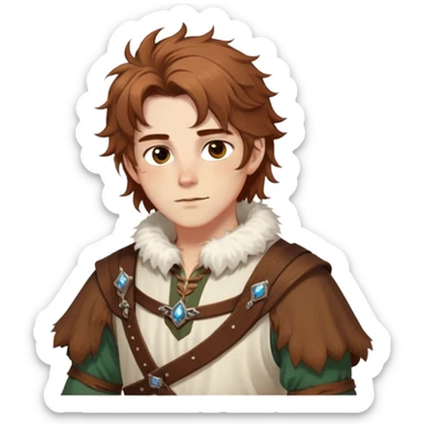 medieval spring outfit worn by a DnD themed fantasy male character. cotton tunic with sleeves rolled to the elbow, featuring a light fur-lined collar for chilly mornings. clothes only above the waist. The clothes full waist. The character's haven't arms. character is white-skinned, chestnut brown hair, amber eyes, shoulder-length messy hair. sticker