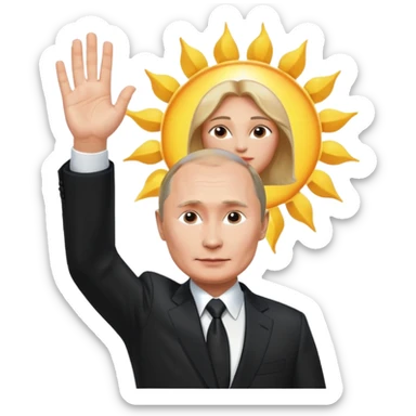 Putin stands with his right hand raised towards the sun sticker