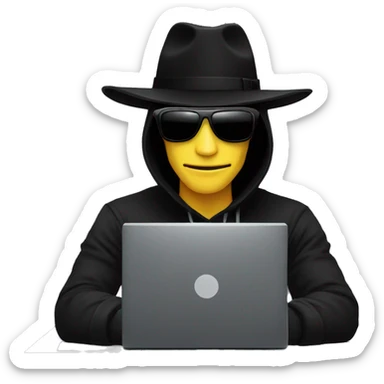 black hat hacker with black sunglasses behind a computer sticker