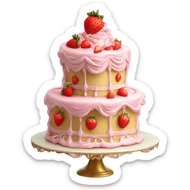 Vintage pink rococo cake with single strawberry on the top sticker