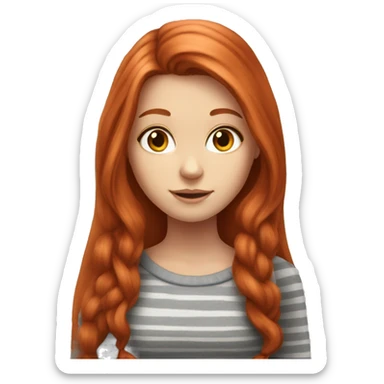 Redhead girl with very long hair and grey striped cat sticker