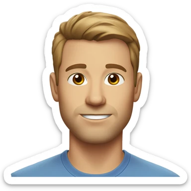 A head and shoulders shot of a 32 year old white man, with short brown hair,   with brown eyes wearing a t-shirt. sticker