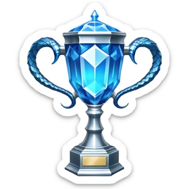 exact replica of Harry Potter Triwizard Cup trophy, hexagonal faceted cup with two curved snake handles, silver with blue glow sticker