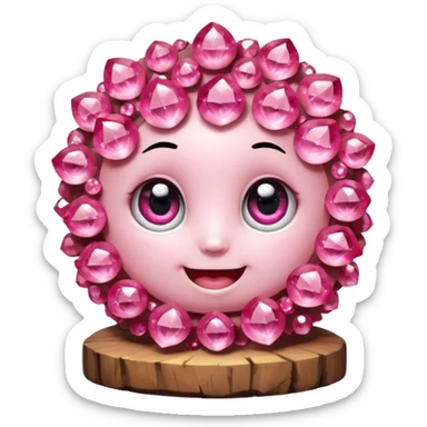 A single cute pink crystal cluster character, chunky round base with many tall rose-pink crystal quartz cluster imperfect, on the front of the base a kawaii face with big shiny eyes and a happy open smile very shiny and nothilng else sticker