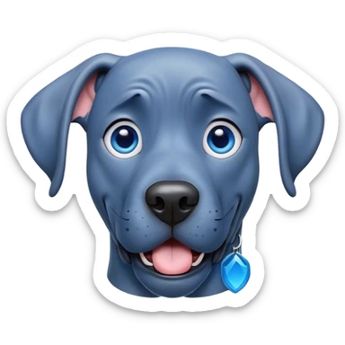 Cinematic Comical Blue Great Dane Portrait Emoji, Head tilted dramatically with an exaggeratedly amused expression, featuring a striking blue Fur with a glossy finish, wide, expressive steel-blue eyes filled with playful disbelief, Simplified yet hilariously expressive features, highly detailed, glowing with a slightly sassy glow, high shine, dramatic yet playful, stylized with an air of cheeky charm, bright and endearing, soft glowing outline, capturing the essence of a spirited and over-the-top guardian, so meme-worthy it feels like it could side-eye its way into internet fame instantly! sticker