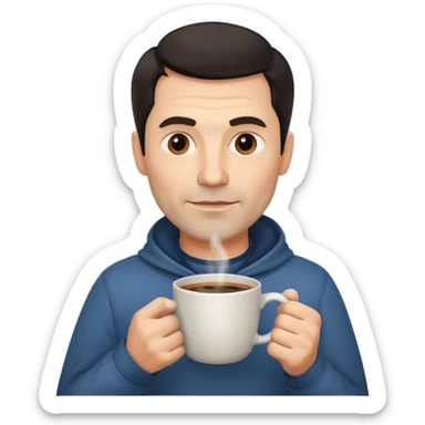 A handsome 45 year old white man with dark hair in a fog drinking a cup of coffee sticker
