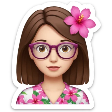 female with white skin. Shoulder length straight brown hair. Brown eyes with glasses. Hawaiian Flower in hair sticker