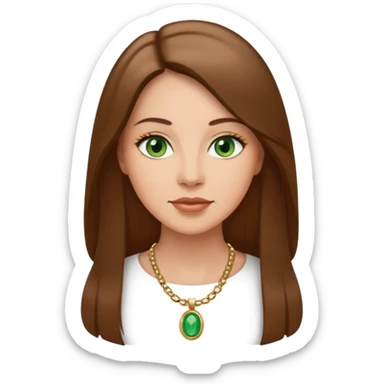 Adult woman avatar, light skin tone, oval face, straight long brown hair, green eyes, neutral mouth, elegant  sticker