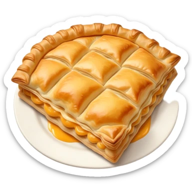 cinematic-realistic-flat burek-sa-sirom-dish-emoji,-showcasing-a-flaky-pastry-filled-with-cheese-rendered-with-crisp-textures-and-appetizing,-warm-lighting.  sticker