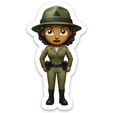 a female drill sergeant character wearing a classic sergeant hat and a camouflage army shirt. The character should have an angry intense expression. full torso sticker