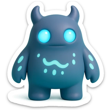 monster with glowing blue eyes and bioluminescent patterns on its body, dark background, toy-like sticker