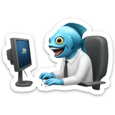 A fish typing on a computer sticker