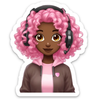 DARK BROWN SKIN GAMER GIRL WITH PINK CURLY HAIR gamingheadset pink kawaii gamer shiny blushing cute kawaii pastel anime trending style pink gaming headset gamergirl pastelcore sticker