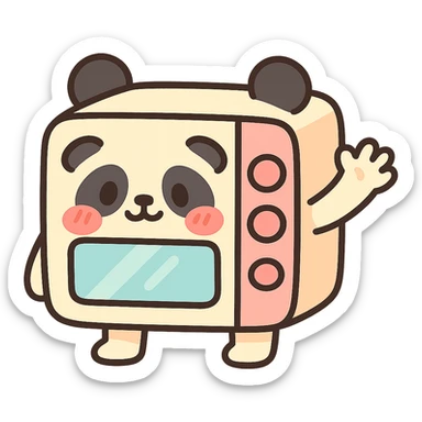 chibi-style microwave oven with panda features, blushing and waving, soft pastel palette, full-body sticker