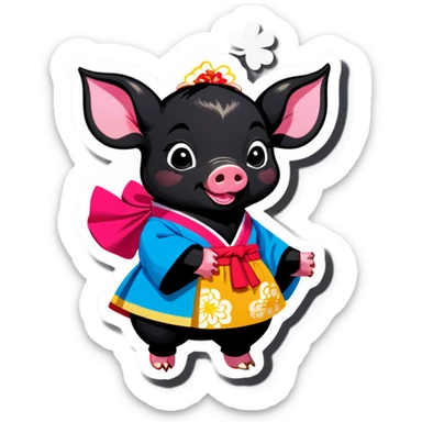 A black piglet wearing hanbok with "luck” written on it. sticker