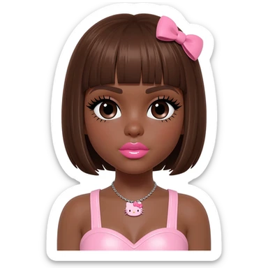heart shaped lips, cute glossy lips, doll eyes with long lashes, dark brown skin, brown hair, big chest, hello kitty necklace, one bow clip, bimbocore outfit sticker