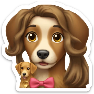 Brunette Girl and golden dog with a bow on their head sticker