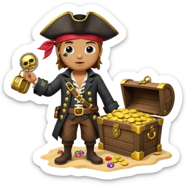 A 3D cartoon pirate character with one eye covered by a black eye patch, holding a treasure chest filled with gold coins and jewels, standing on sandy ground, wearing a pirate hat and coat, warm sunset lighting, realistic Memoji-style rendering. sticker