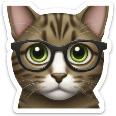 Dark green eyes Dark Brown Tabby cat with eyeglasses on sticker