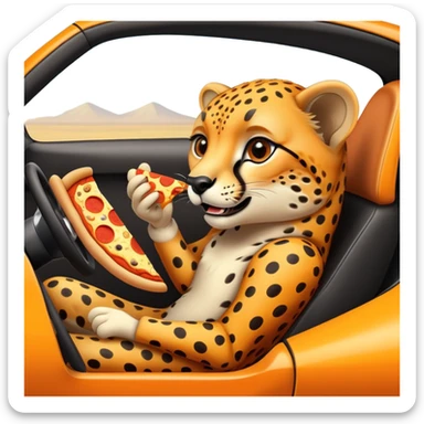 A cheetah in a race car eating a slice of pizza sticker