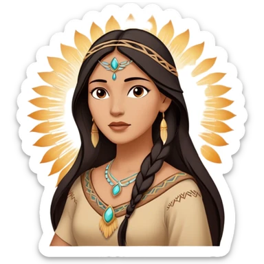 Cinematic Radiant Pocahontas Portrait Emoji, rendered in a vector-style with clean lines. Show Pocahontas with luminous, sun-kissed skin and flowing dark hair adorned with subtle natural ornaments, her expression calm and kind, dressed in simple traditional attire with earthy tones. The image glows softly with a warm, inviting radiance, enhanced by a soft glowing outline. sticker