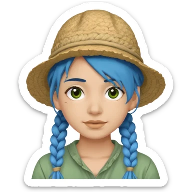 messy green full face clay mask and tourist hat blue hair braid sticker