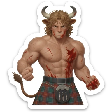 big buff curly hairy man covered in blood with freckles with messy light brown bangs that covers his face completely with bull horns and bull ears and bull tail dressed in kilt fighting posture closeup sticker