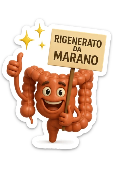 fammi un intestino identico a questo, ma felice e con le scintille di splendore dorate sopra, si sta rinnovando come se fosse in ottima salute, in mano ha un cartello con la scritta "RIGENERATO DA MARANO" sticker